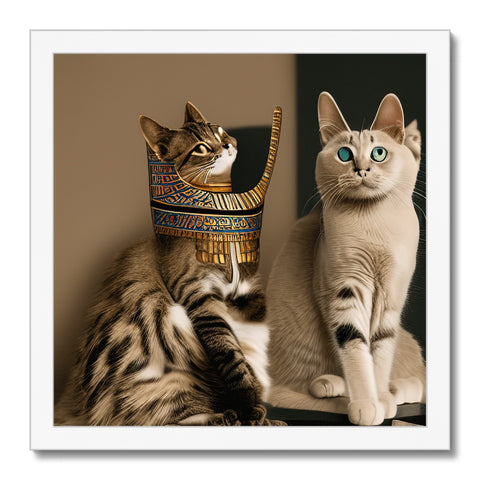 A couple of cats stand next to one another in an Egyptian palace near statues.