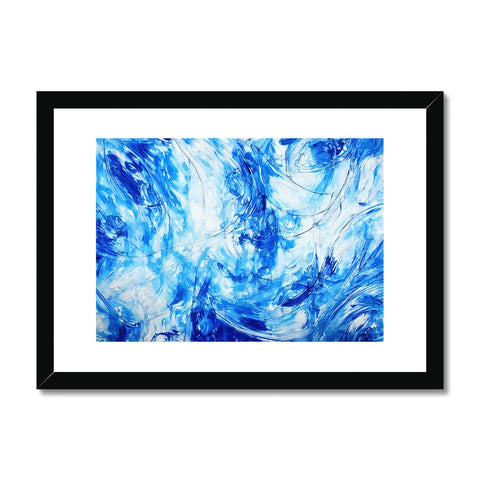 Art print showing a blue ribbon through water with waves rushing on in a scene.