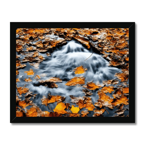 Art print of a waterfall on a wall hanging on a wooden deck.