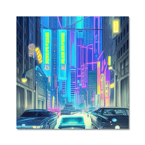Art prints of city streets with cars and people on both sides of a street.