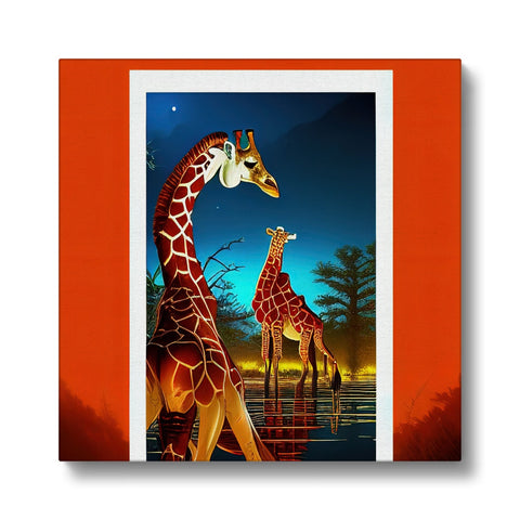 Two giraffes standing behind an art print where two giraffe stand on a large