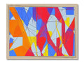 A wooden frame that has a couple wood pieces in a colorful and geometric design.