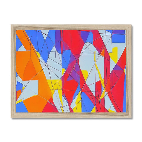 A wooden frame that has a couple wood pieces in a colorful and geometric design.