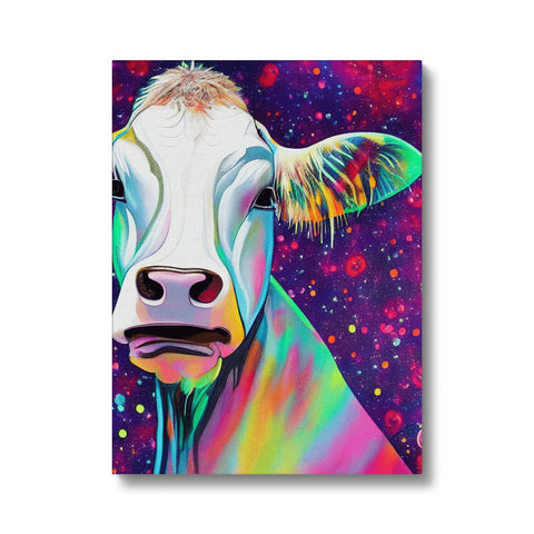 A fat cow with red horns in the corner of an art print.