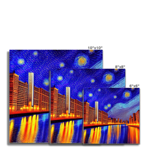 A row of glass tile tiles on a wall with a picture of a city skyline on