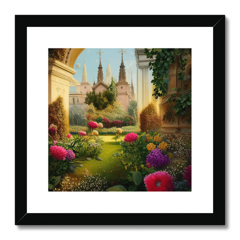 a frame of an art print in a picture on a wall with a garden scene