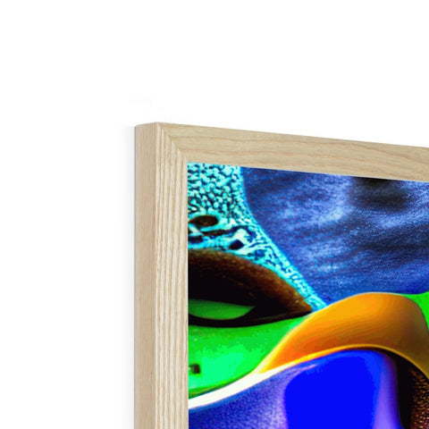 A picture frame is painted with wood wood on it, the pictures are colorful and bright