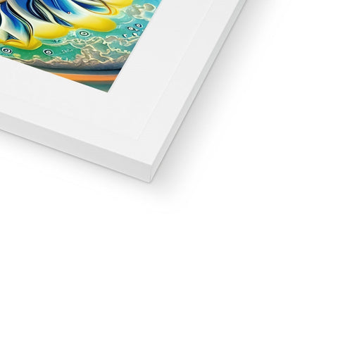 A picture frame with an abstract painting of the rainbow laying on a desk on a white