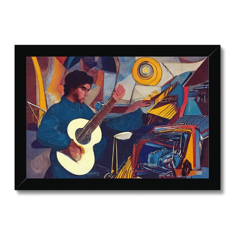 A painting depicting someone playing an electric guitar with a painting hanging on a background.