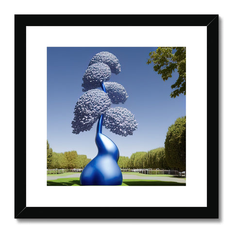 A topiary with a blue cloud on a white wall, hanging in frame