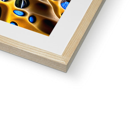 The framed photograph is a photo of some wood with a large yellow background.