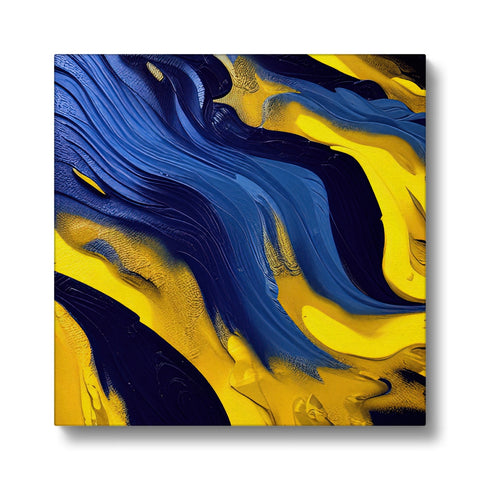 A yellow art print of ocean waves on top of a white metal surface next to a