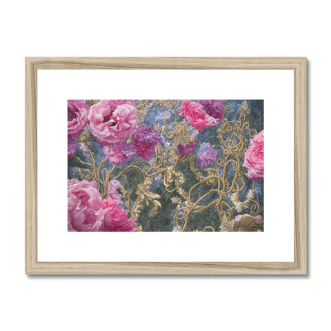 A framed art print showing pink flowers with an image of a painting sitting on a wall