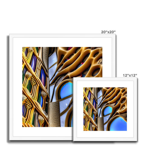 a wood framed photo print of two trees in a room under white background