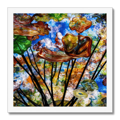 Art print of mushrooms with water lilies and flowers.