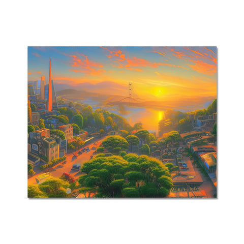 A panoramic view of the city at sunrise of San Francisco on a mountain and
