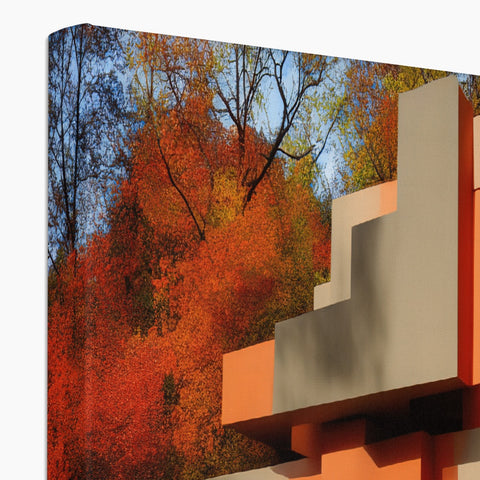 An orange tile is shown on a wall topped with autumn foliage.
