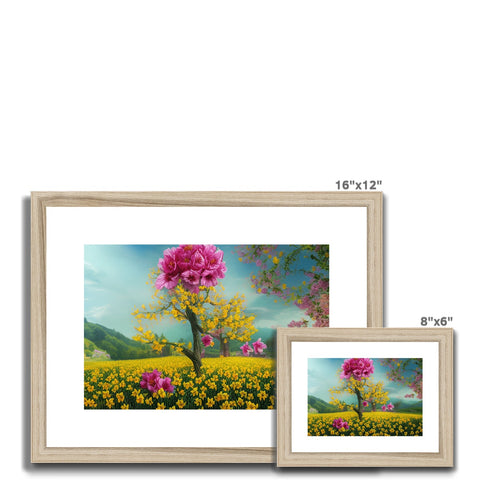 Two pictures of flowering trees on a wooden frame with flowers next to them.