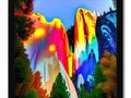 A rainbow colored piece of artwork hangs from a wall near a waterfall.