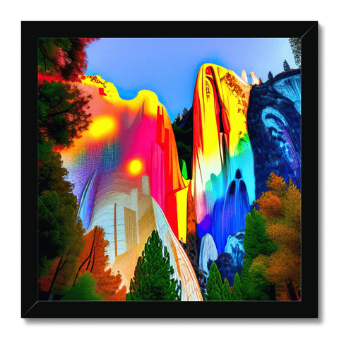 A rainbow colored piece of artwork hangs from a wall near a waterfall.