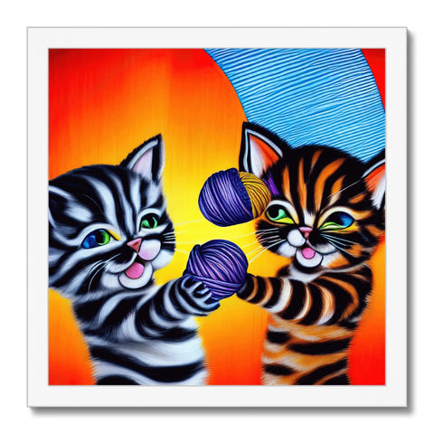 a pair of kittens looking down at a cat in a striped pattern needlepoint book covered