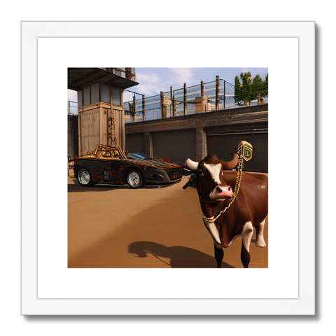 An image of a picture showing a cow standing next to a truck and trailer.