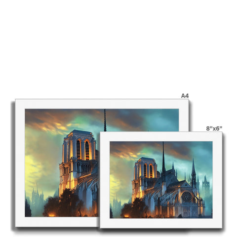 An art print of a cathedral near some buildings in the evening air.