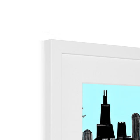 A photo frame above on a display screen with four different prints under it.