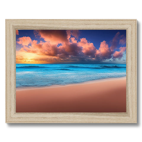 A wooden picture of a beach with colorful scenery.