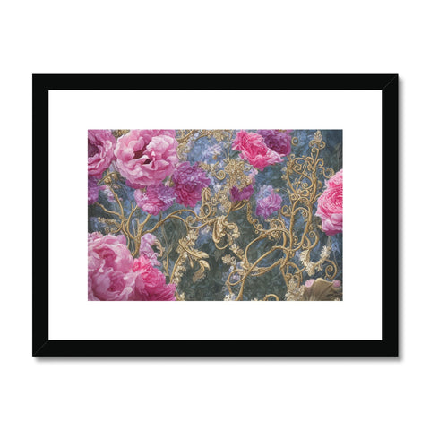 An art print hanging on the wall with two pink flowers.
