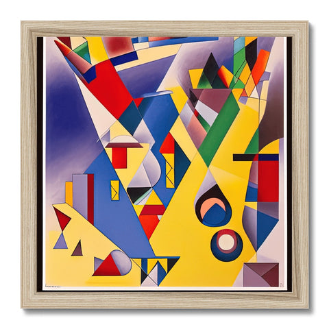 A painting printed with geometric shapes and colors attached to a wooden frame.