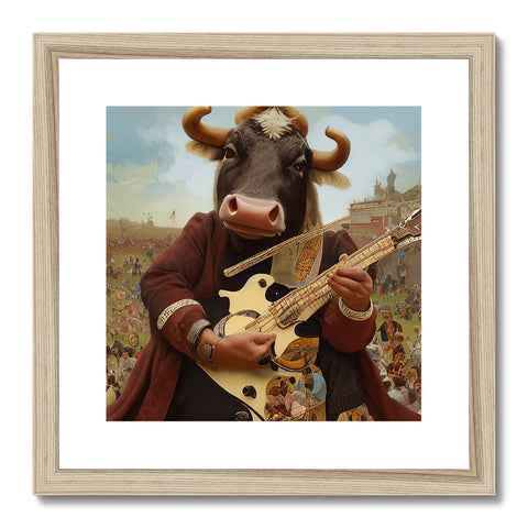 A bull standing in front of an art print.