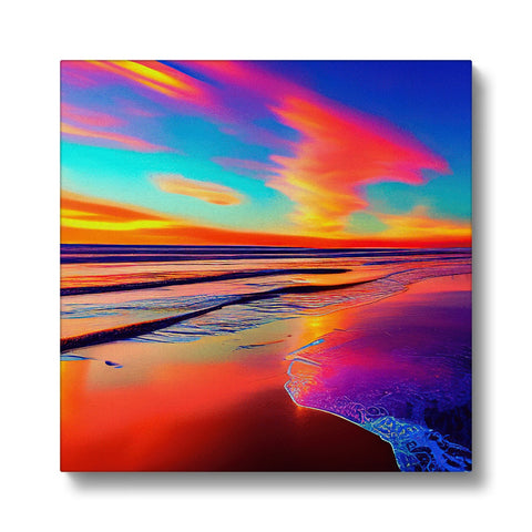 Art print shows a beach surrounded by a blue beach and sunset.
