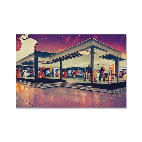 An art print on the walls of an outdoor store decorated with a blue skateboard on