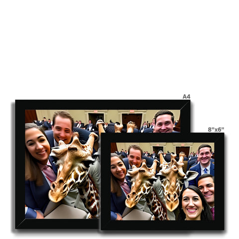 A giraffe looking to kiss a giraffe on a television screen with people standing in
