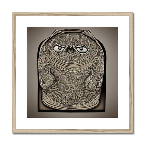 A grumpy cat is lying on top of a coin purse in a frame.