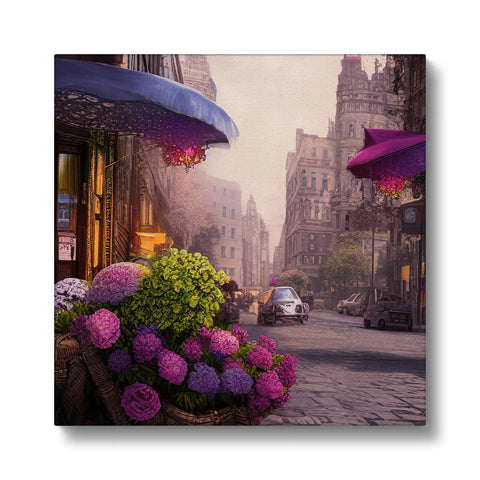 A street art print of flowers and buildings with a picture of Paris in the background