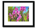 A pink picture of green and purple orchids is painted in the green background of