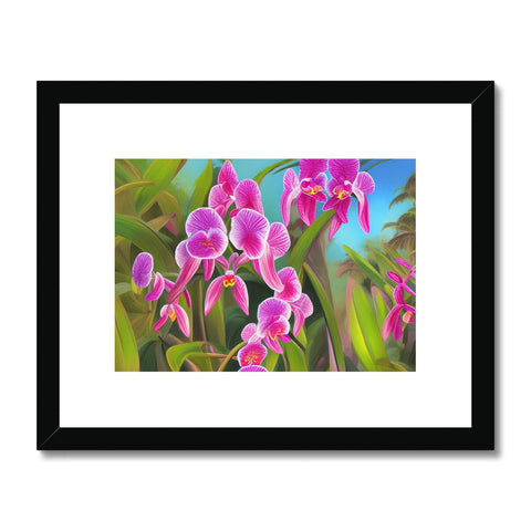 A pink picture of green and purple orchids is painted in the green background of