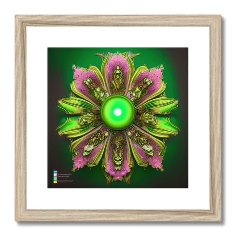 A framed art print depicting a green flower standing on the side of a bed.