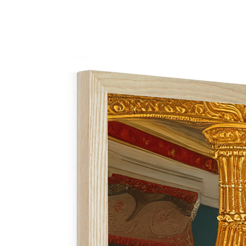 An ornate picture frame is on a mantel on a white table.
