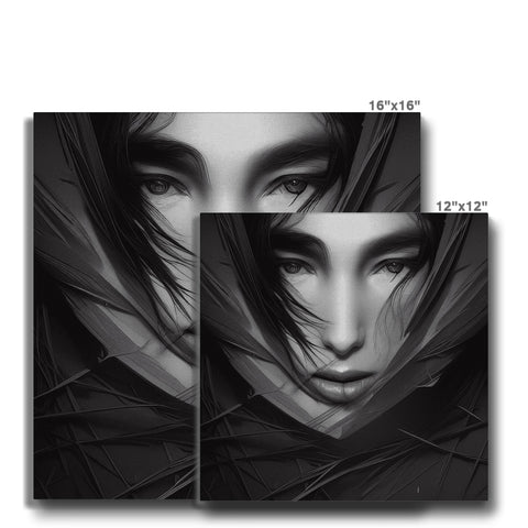Artistic art print on black and white wall on tacked tiles.