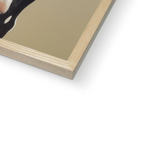 A picture frame with a carboard floor and wooden table holding a photograph frame.