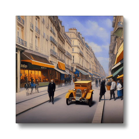 A yellow cab at a Paris street on the sidewalk with a black bird above it a