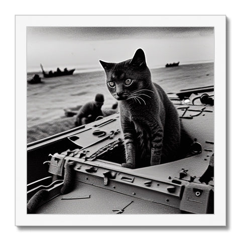 A cat is next to a couch on an aircraft carrier in the water.