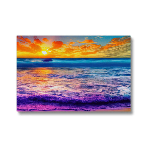 A colorful blanket that displays a sunset on a blue beach background with sunrises and sunset