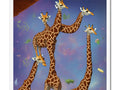 a couple of giraffes standing on the side of a waterbed