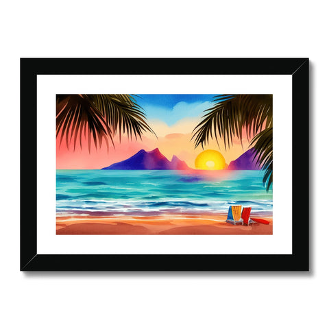Art print showing a beach, sunset and water surrounded by an island.