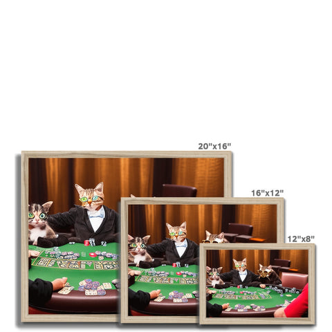 There is a sofa covered with pictures of four cats playing poker sitting on top of a