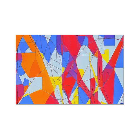 There is beautiful colored tile displayed on the table a large print of an abstracted painting